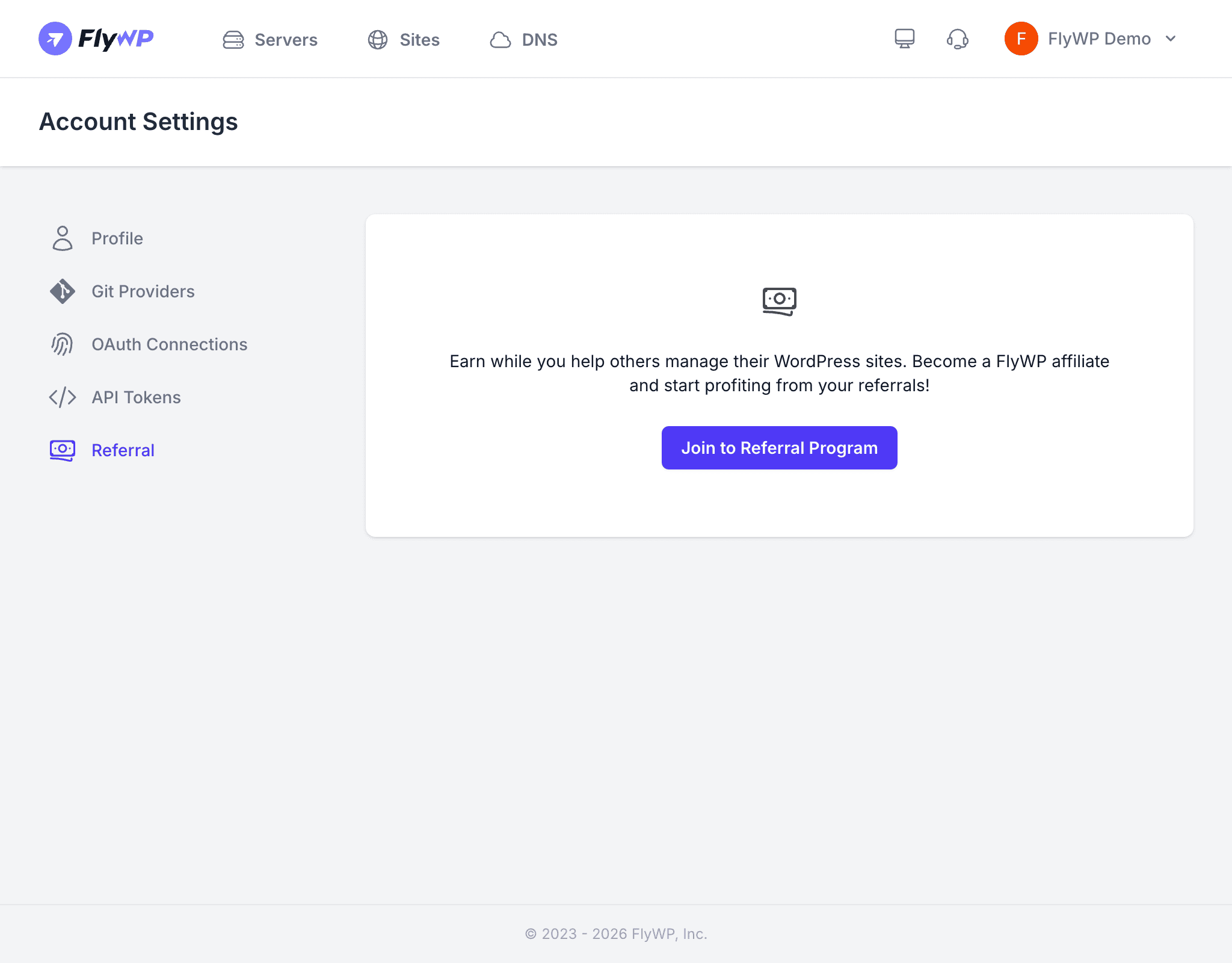 FlyWP affiliate referral dashboard