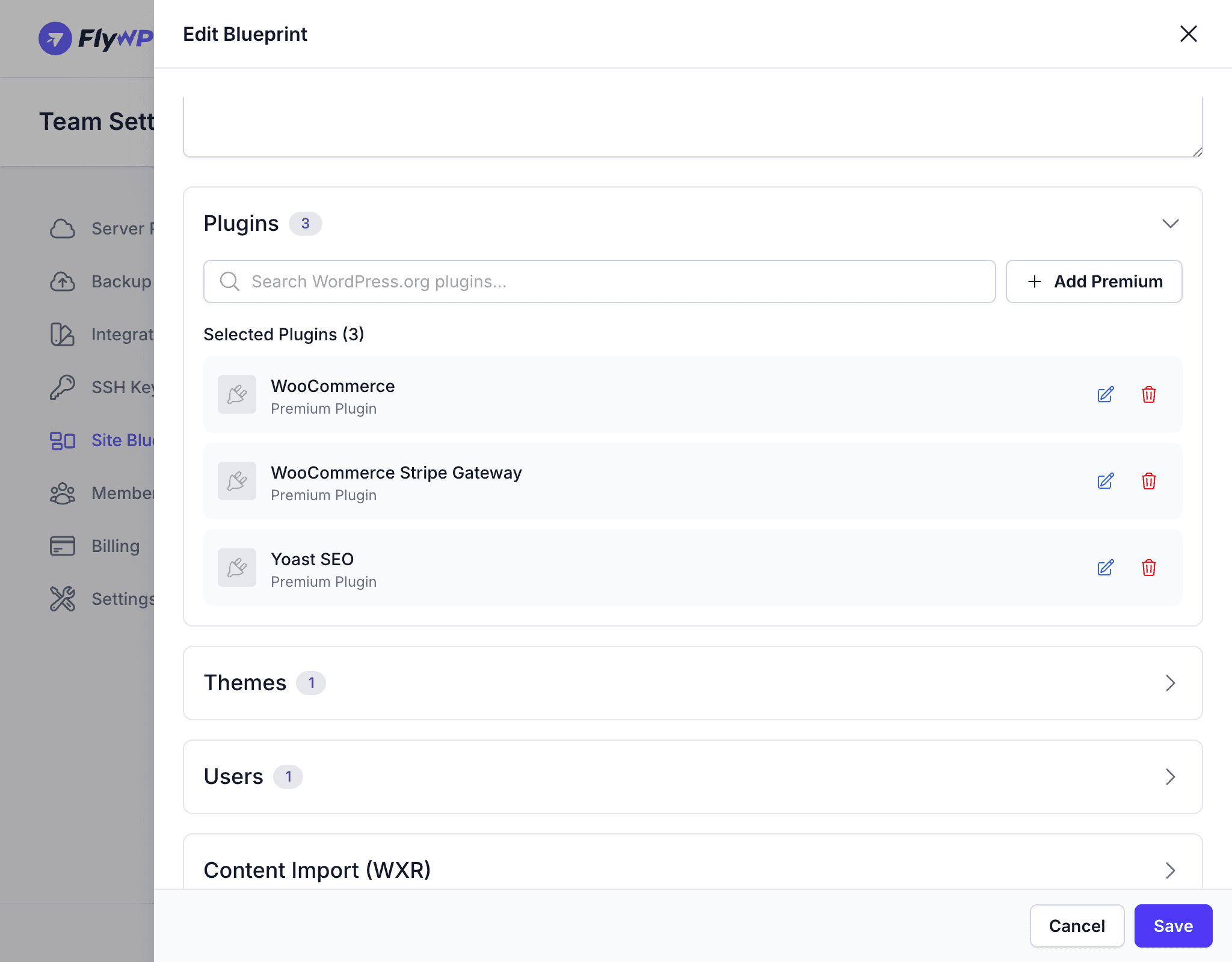 Blueprint plugins section — search and select plugins