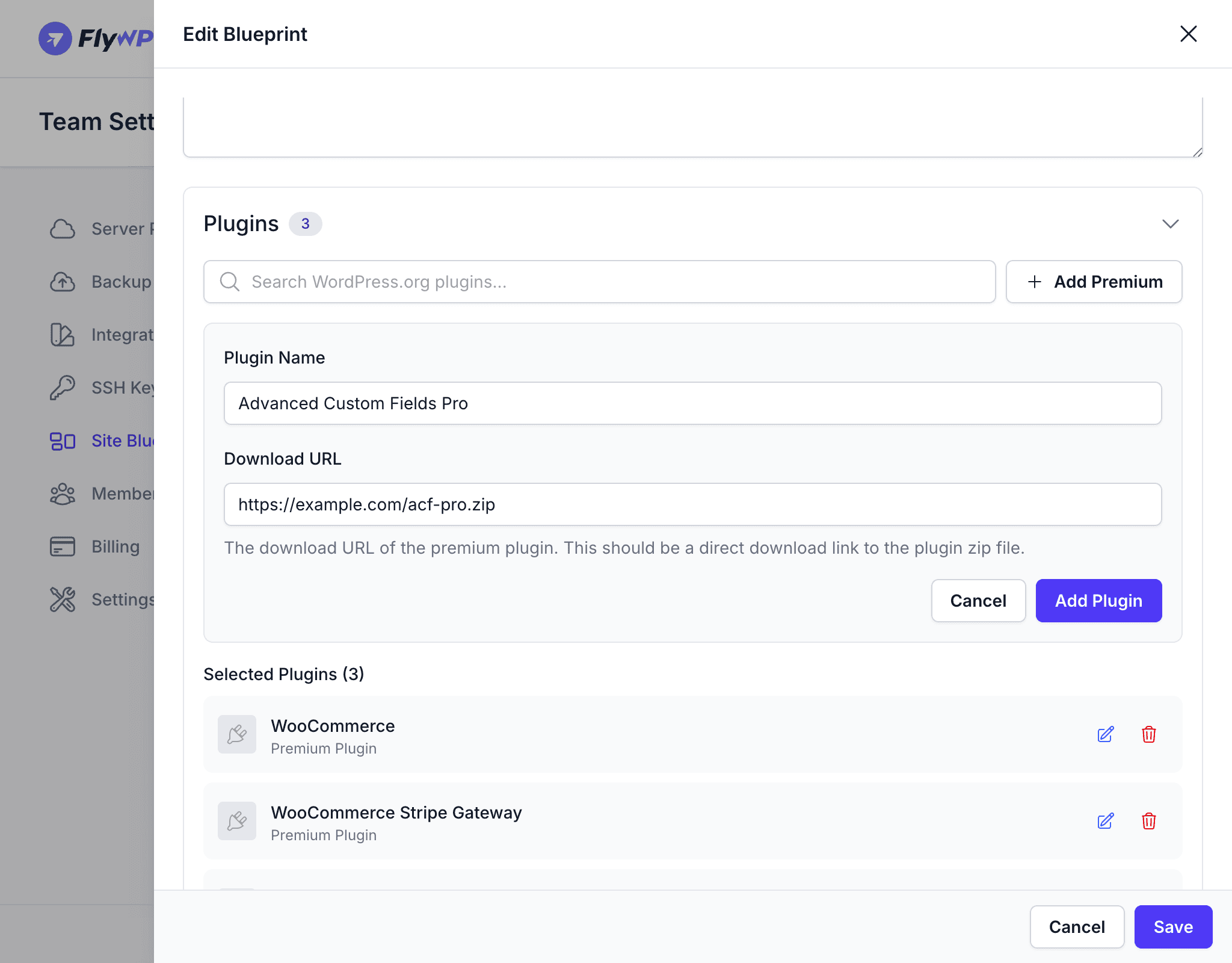 Add Premium plugin form — name and download URL