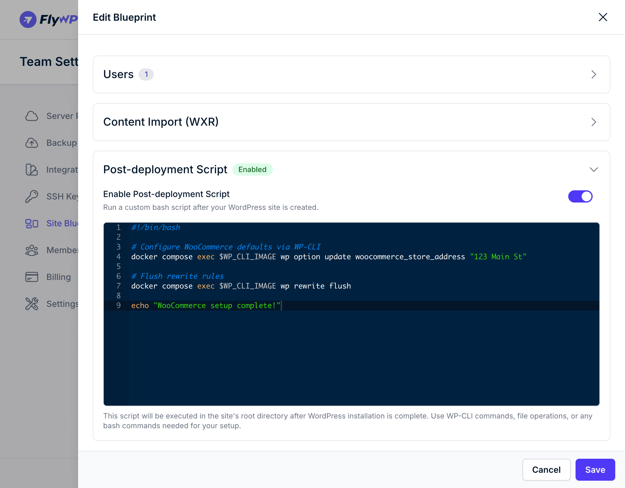 Post-deployment script editor with bash syntax highlighting