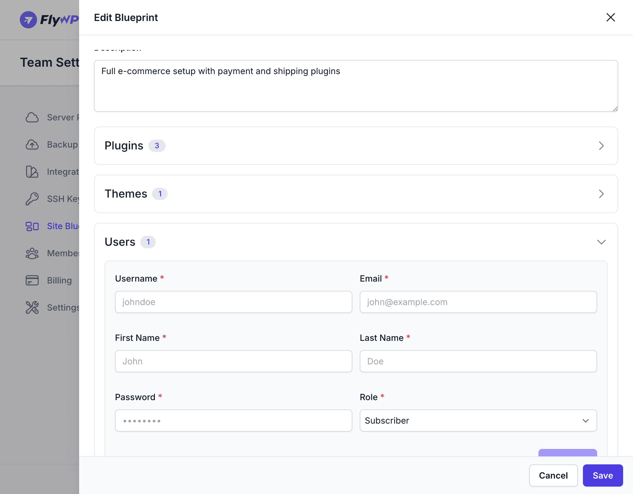 Blueprint users section — add WordPress users with roles