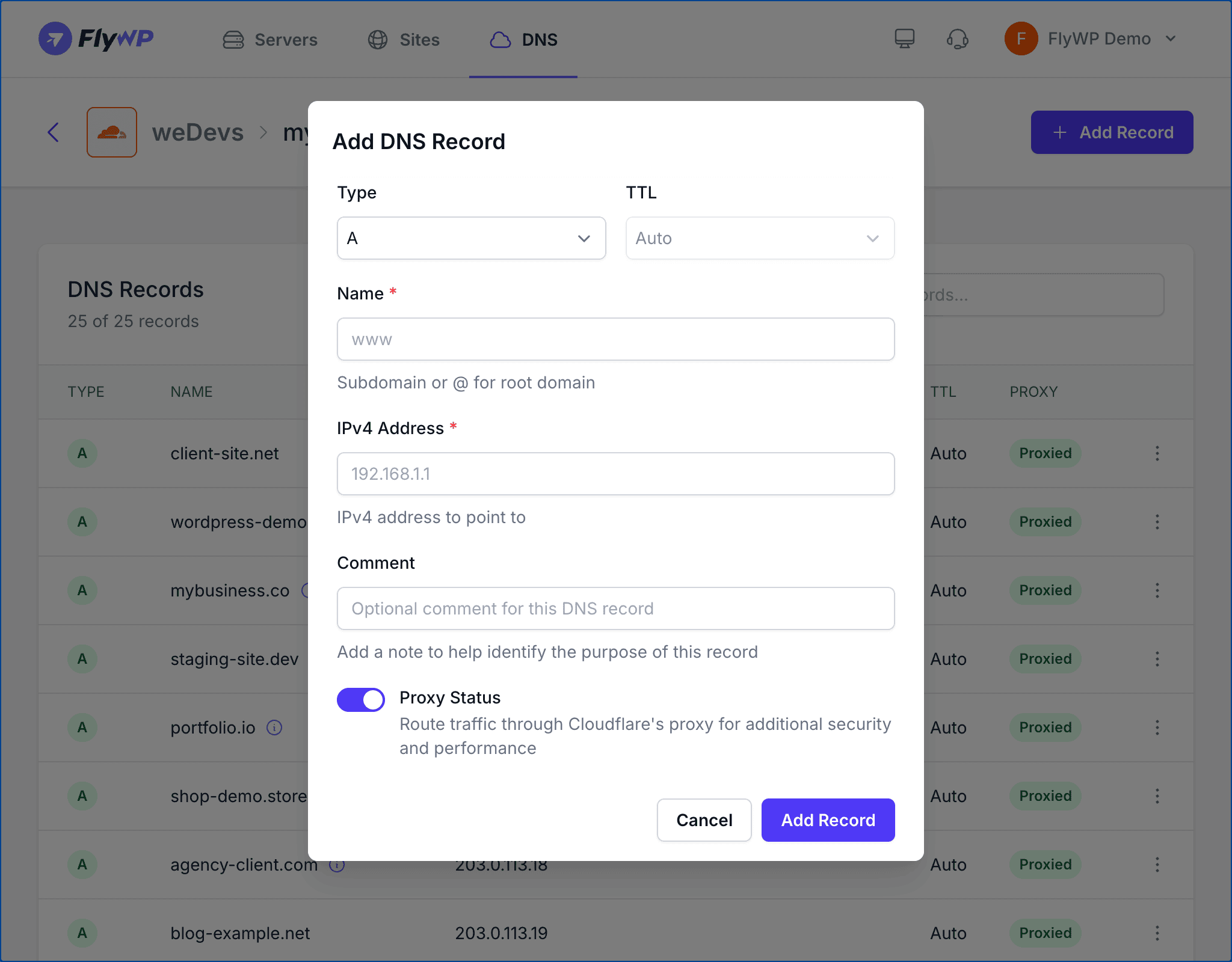 DNS Manager — Add Record form