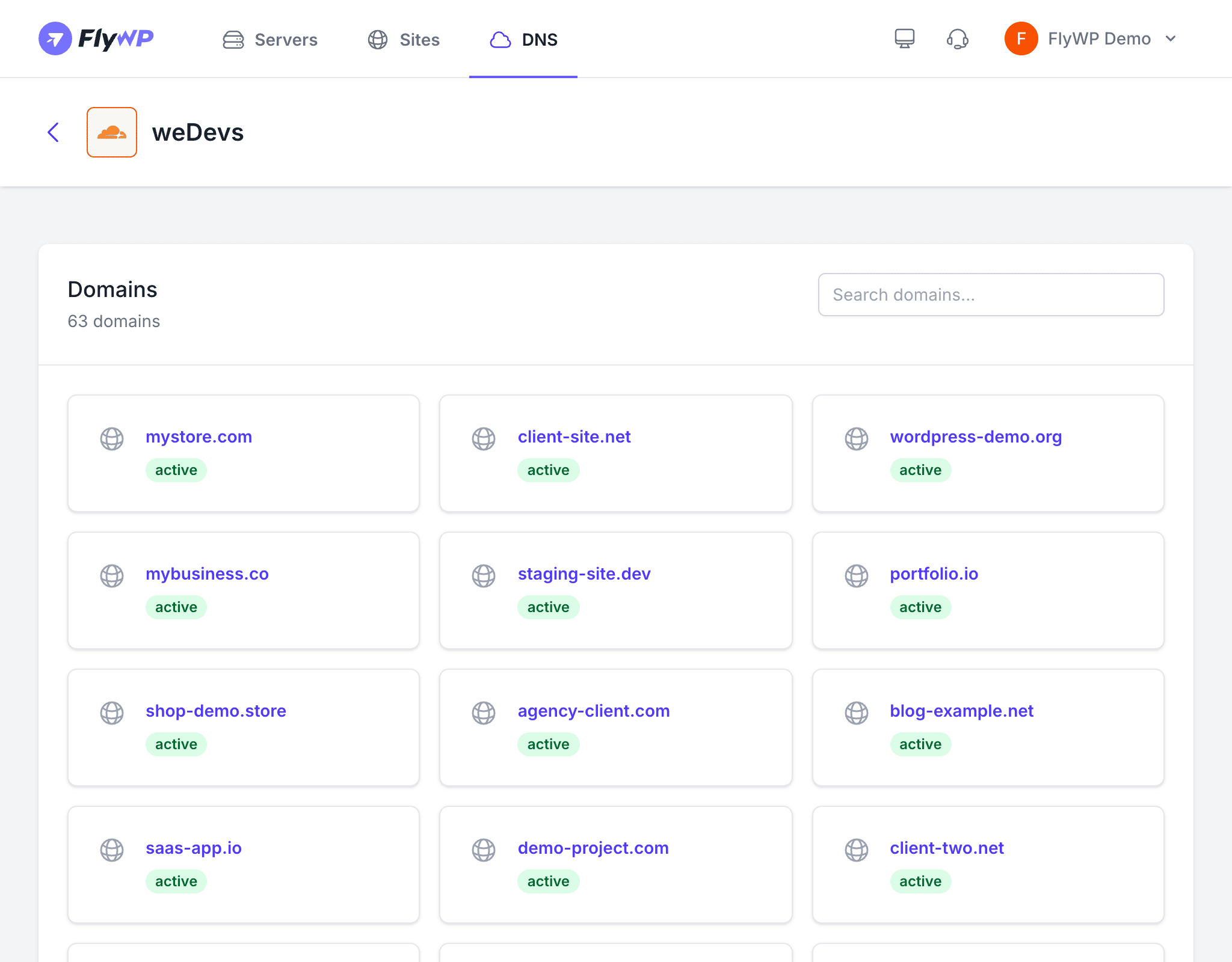 DNS Manager — domains list showing all zones