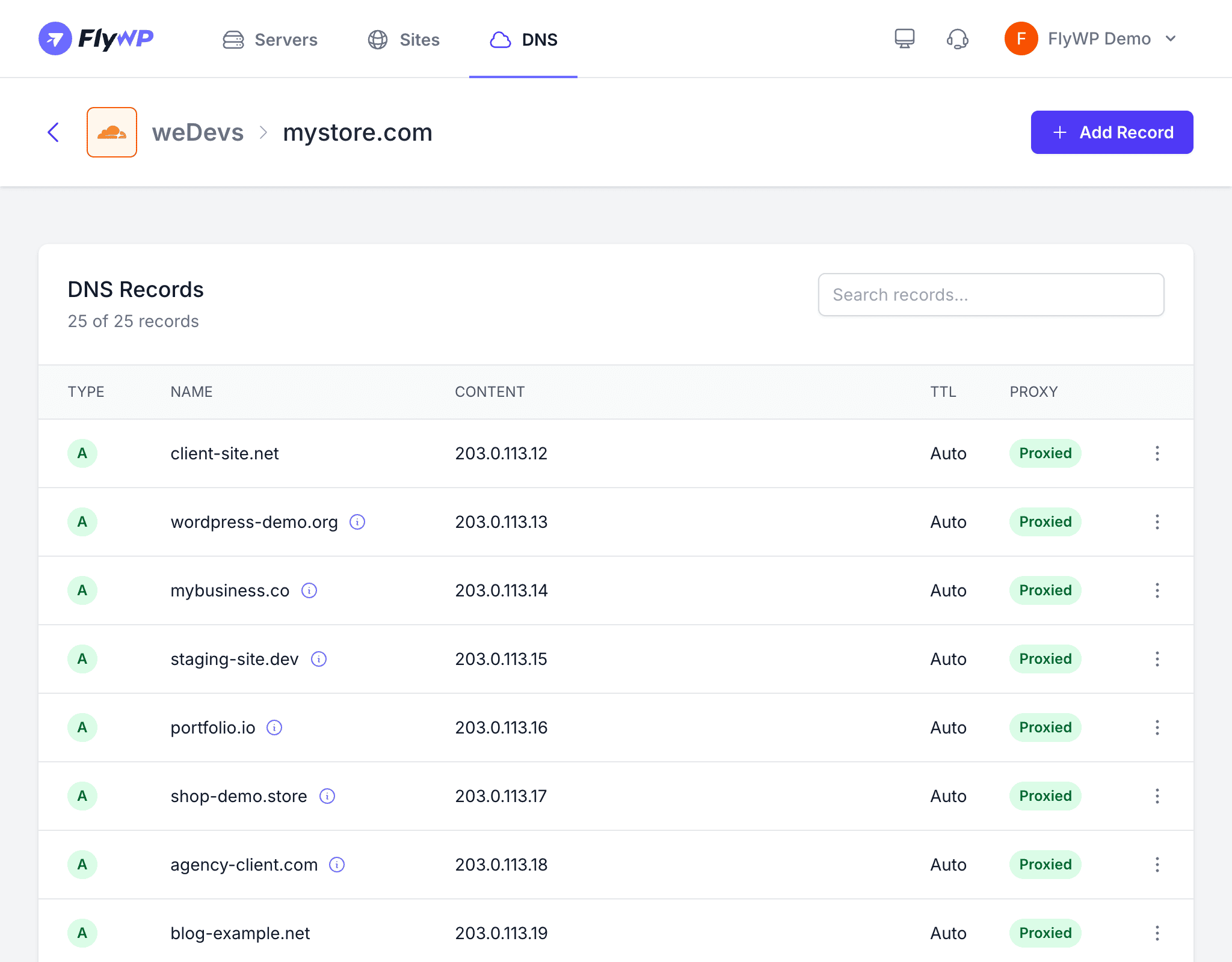 DNS Manager — records list for a domain