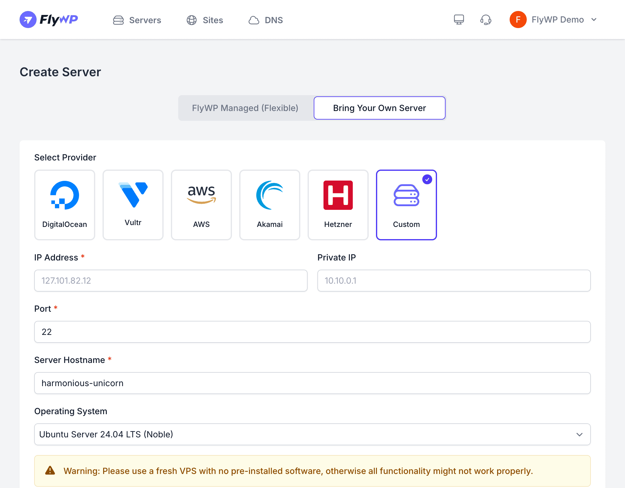 Custom server creation form