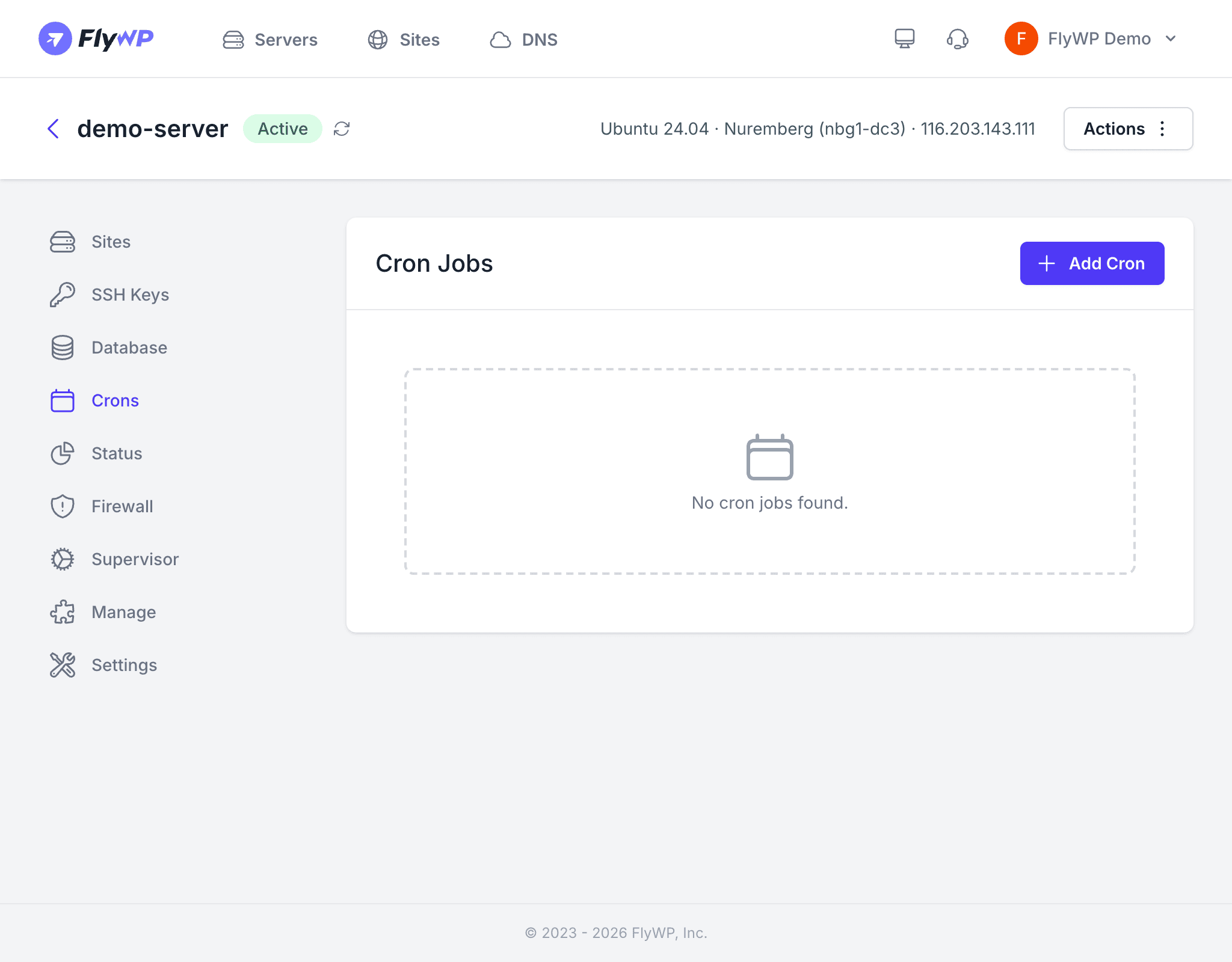 Server cron jobs tab in FlyWP
