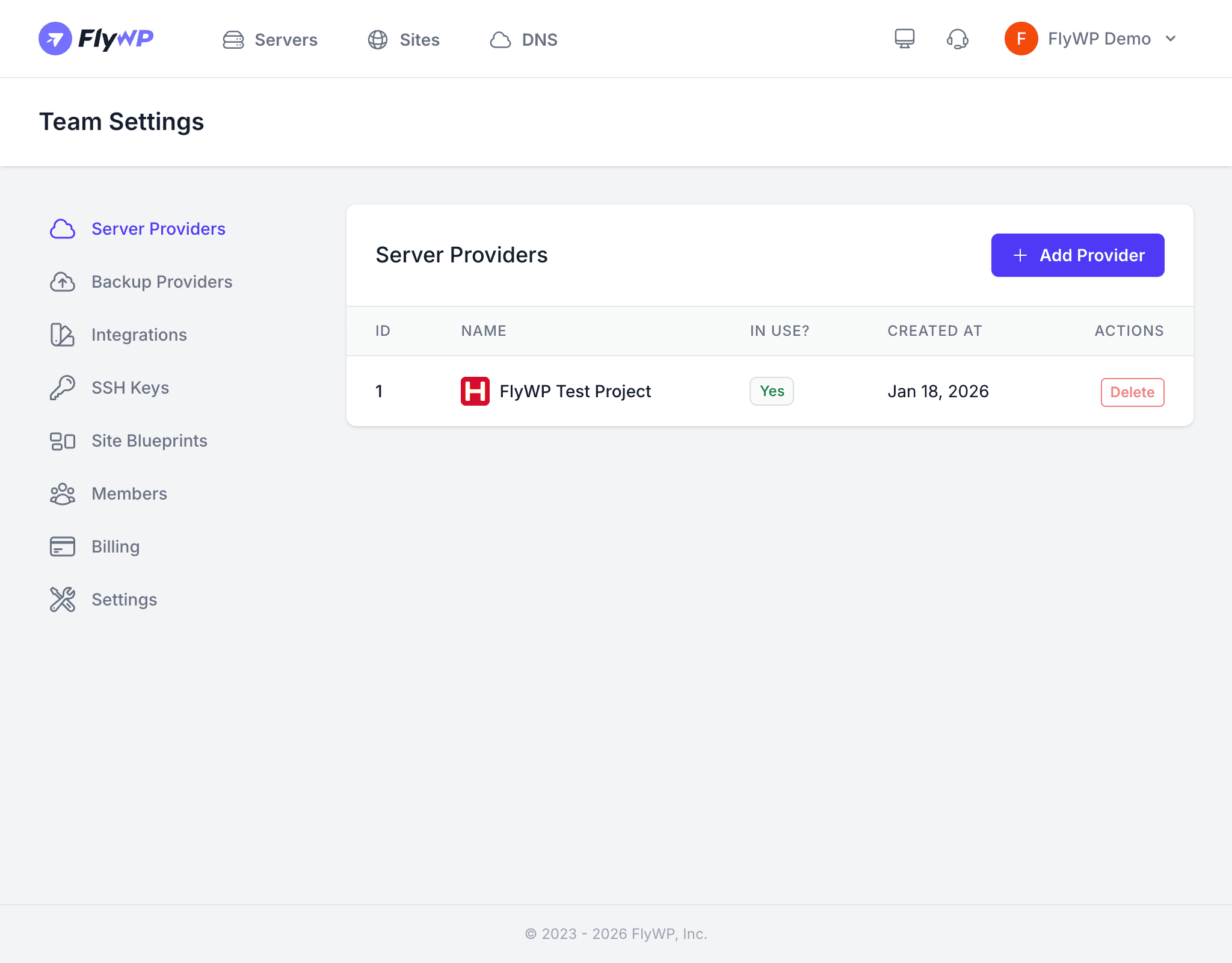 Server Providers page
