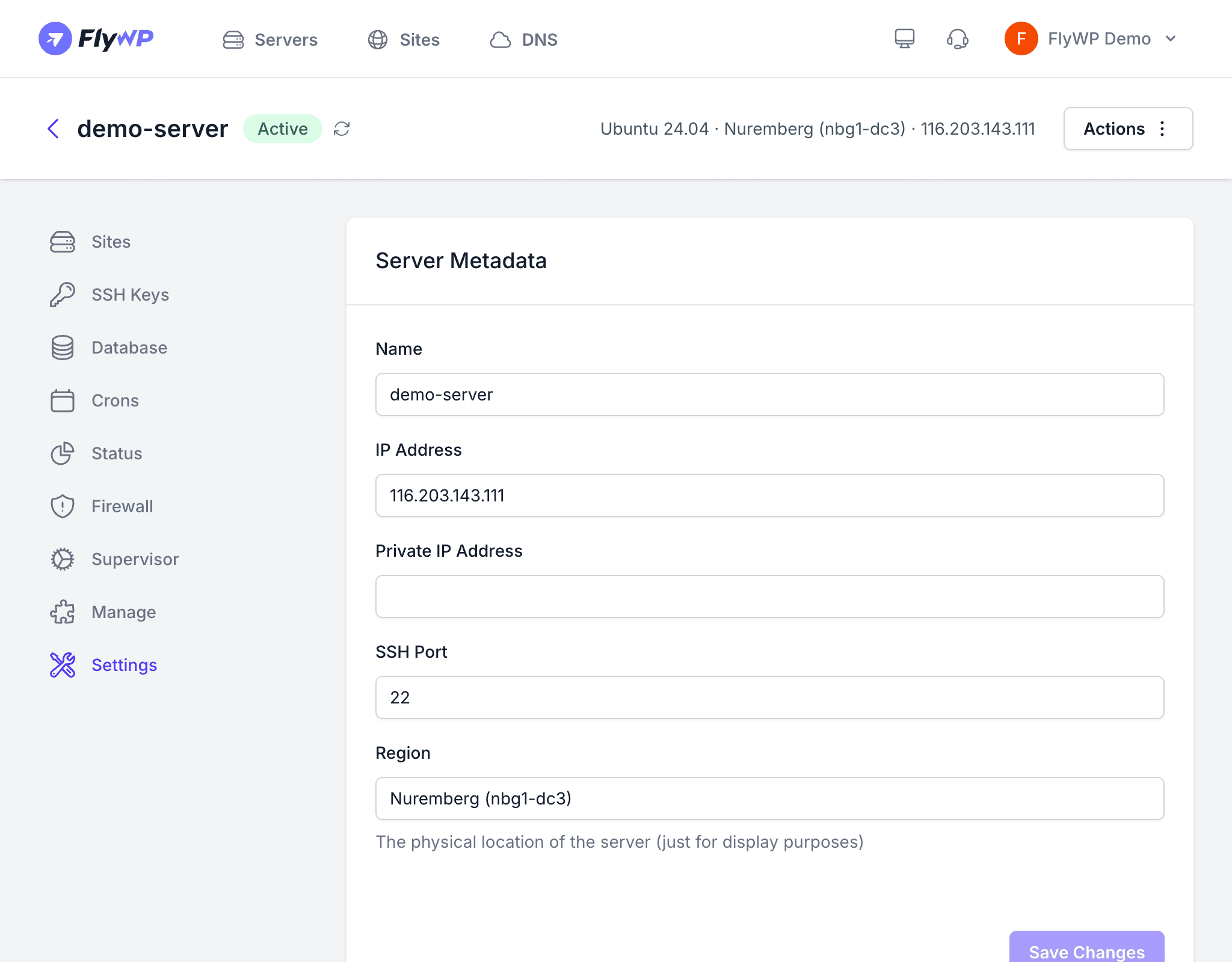 Server settings page