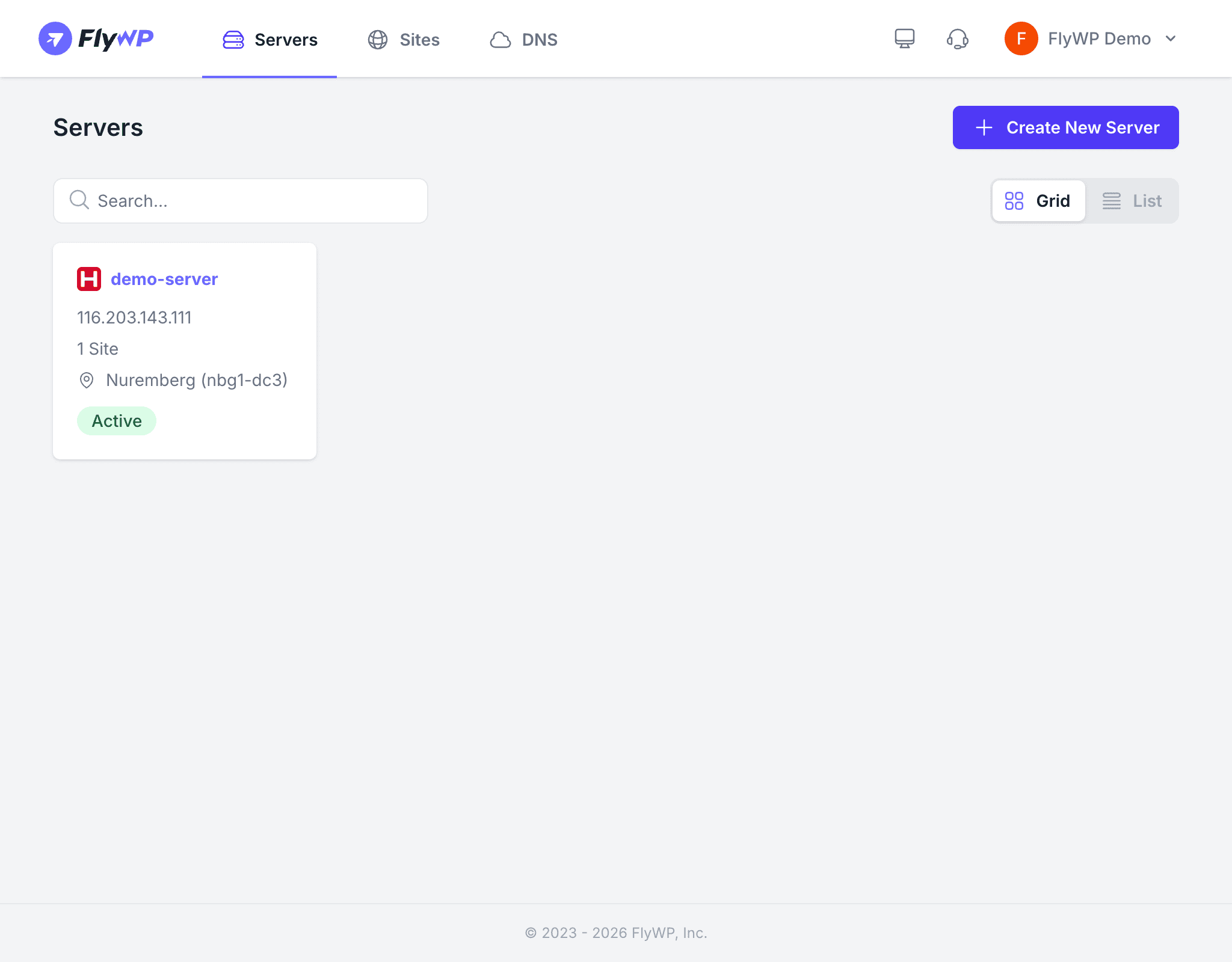 FlyWP Servers Dashboard