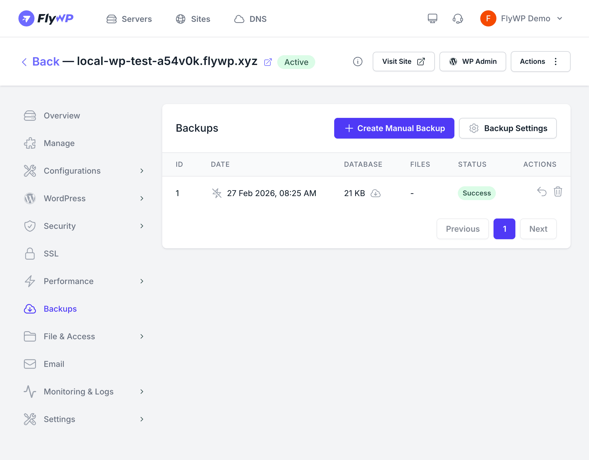 Backups management page