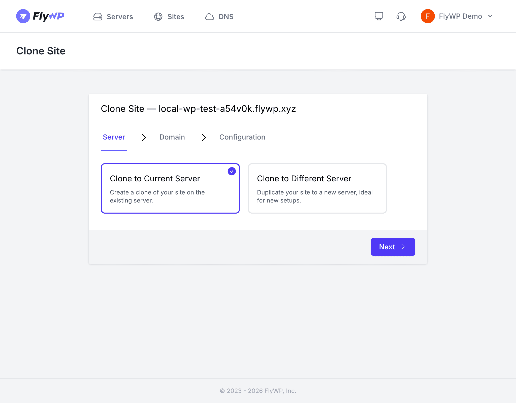Clone site form showing source and destination options
