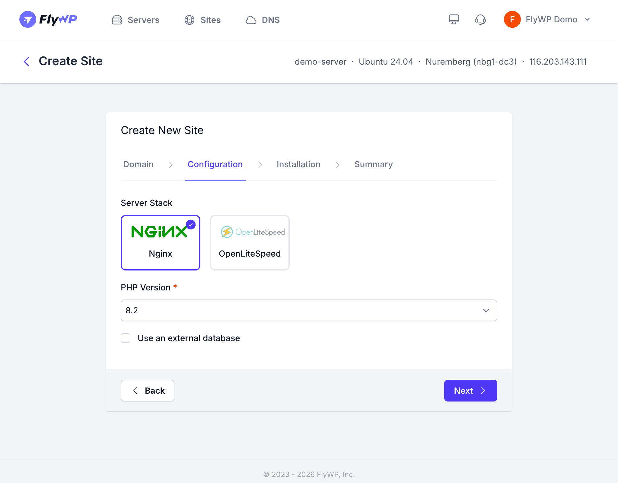 Site creation wizard - Configuration step with Nginx selected