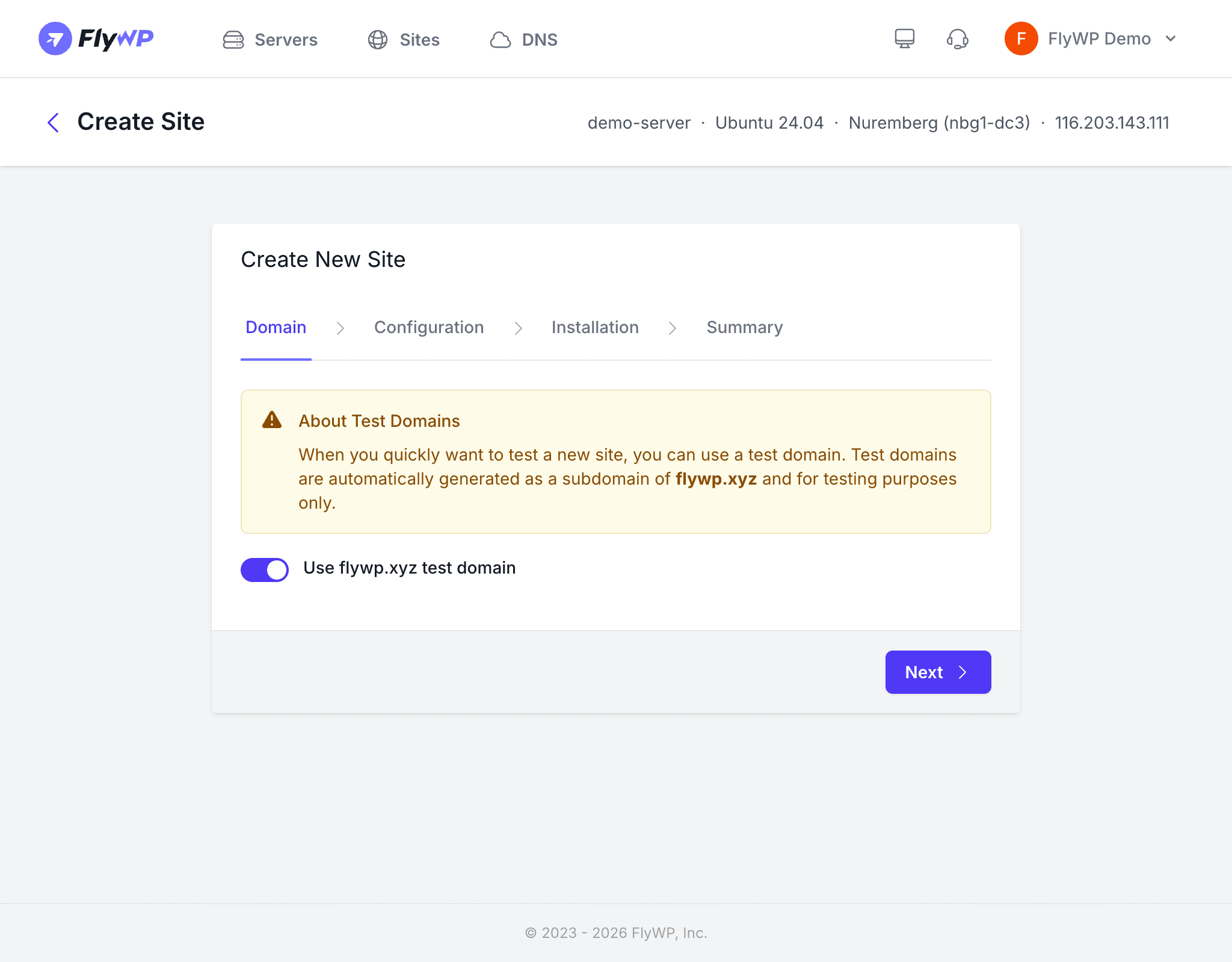 Site creation wizard - Domain step