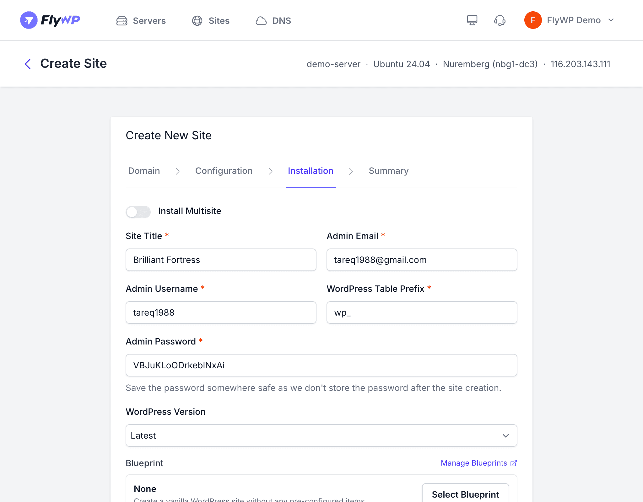 Site creation wizard - Installation step
