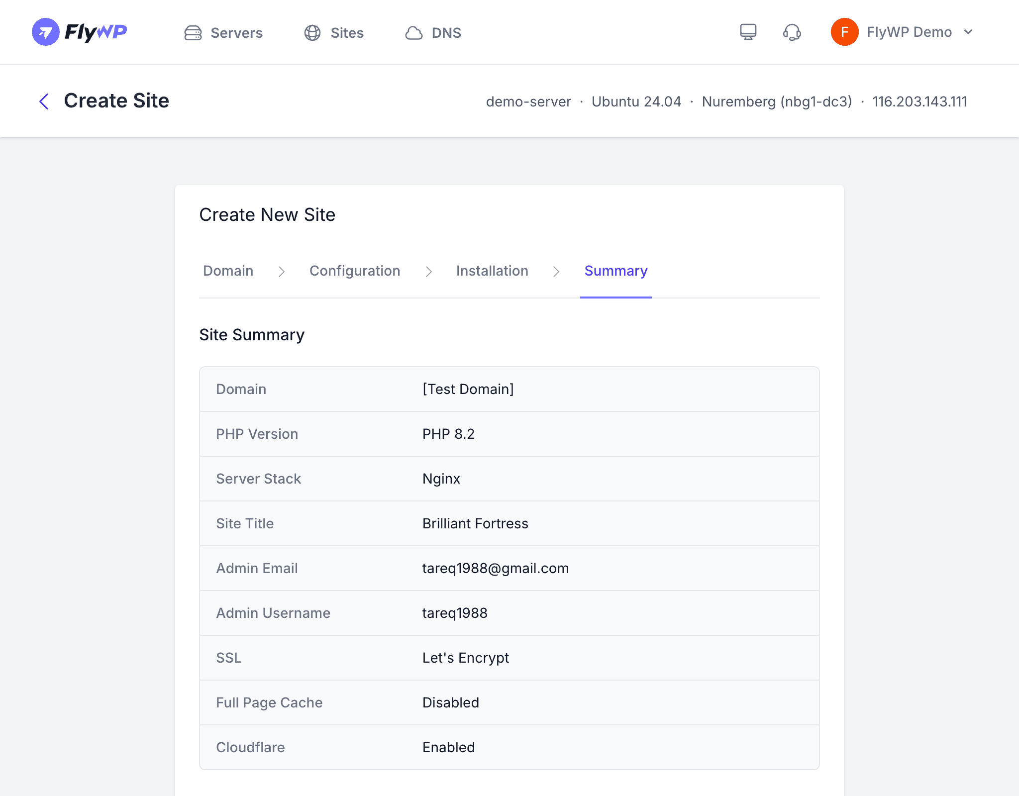 Site creation wizard - Summary step