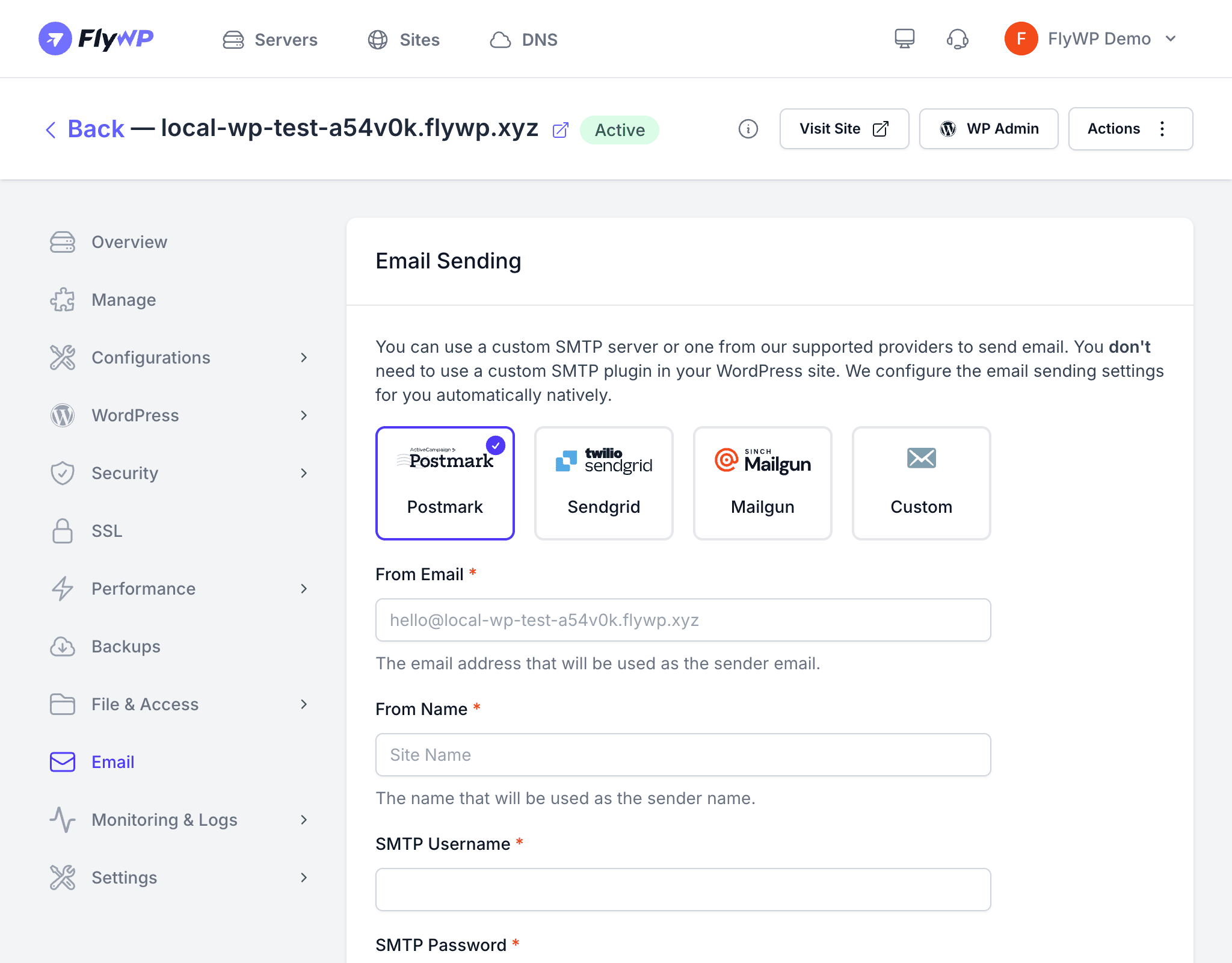 Email configuration page