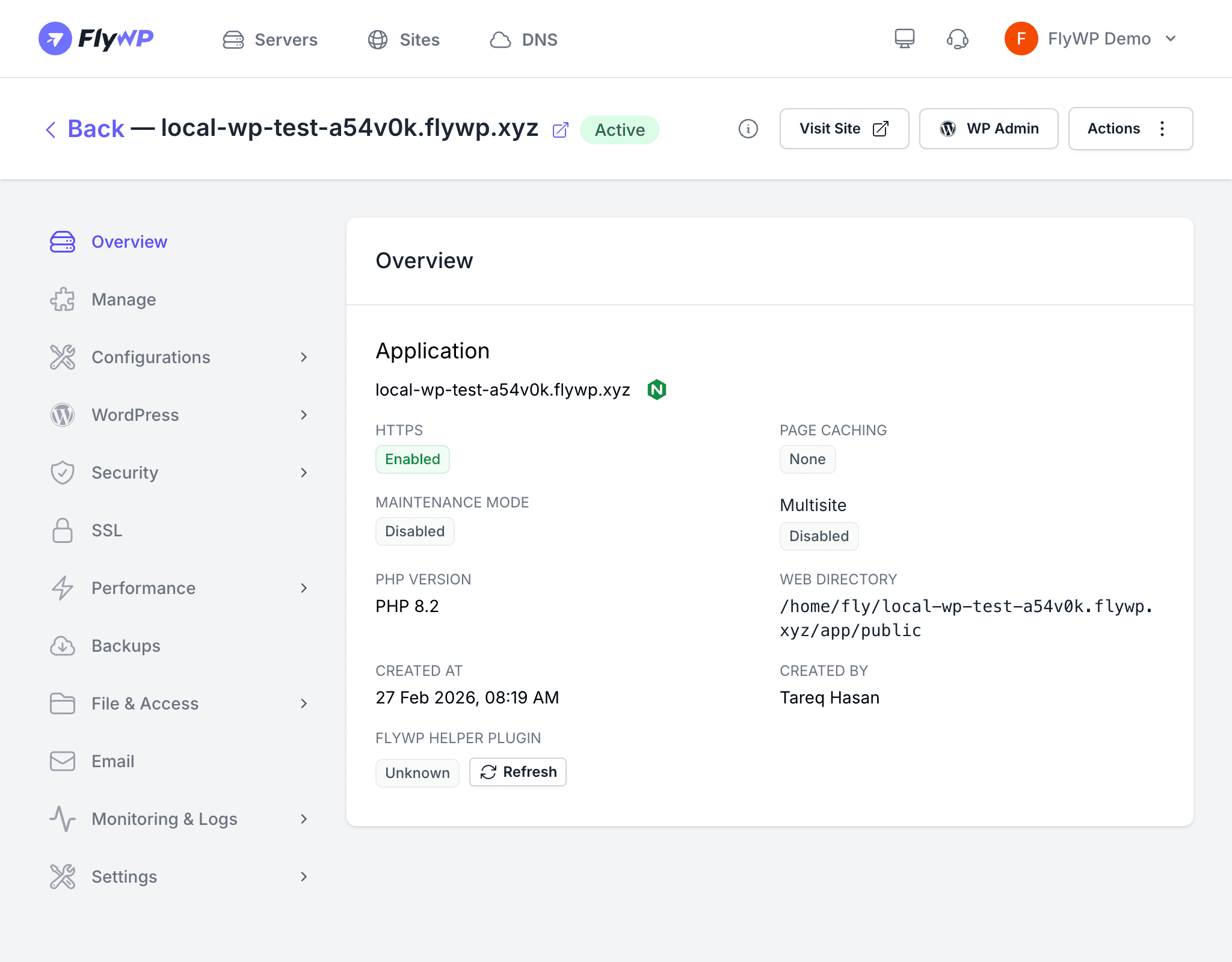 FlyWP site overview showing helper plugin status