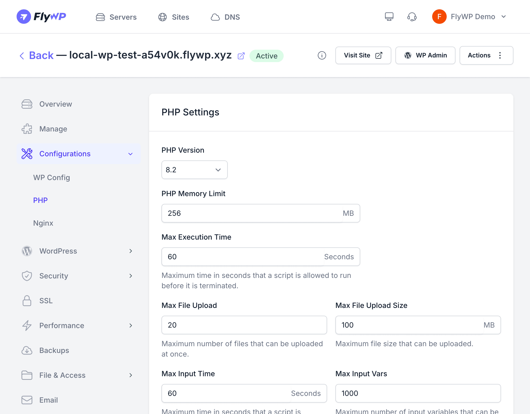 PHP settings page