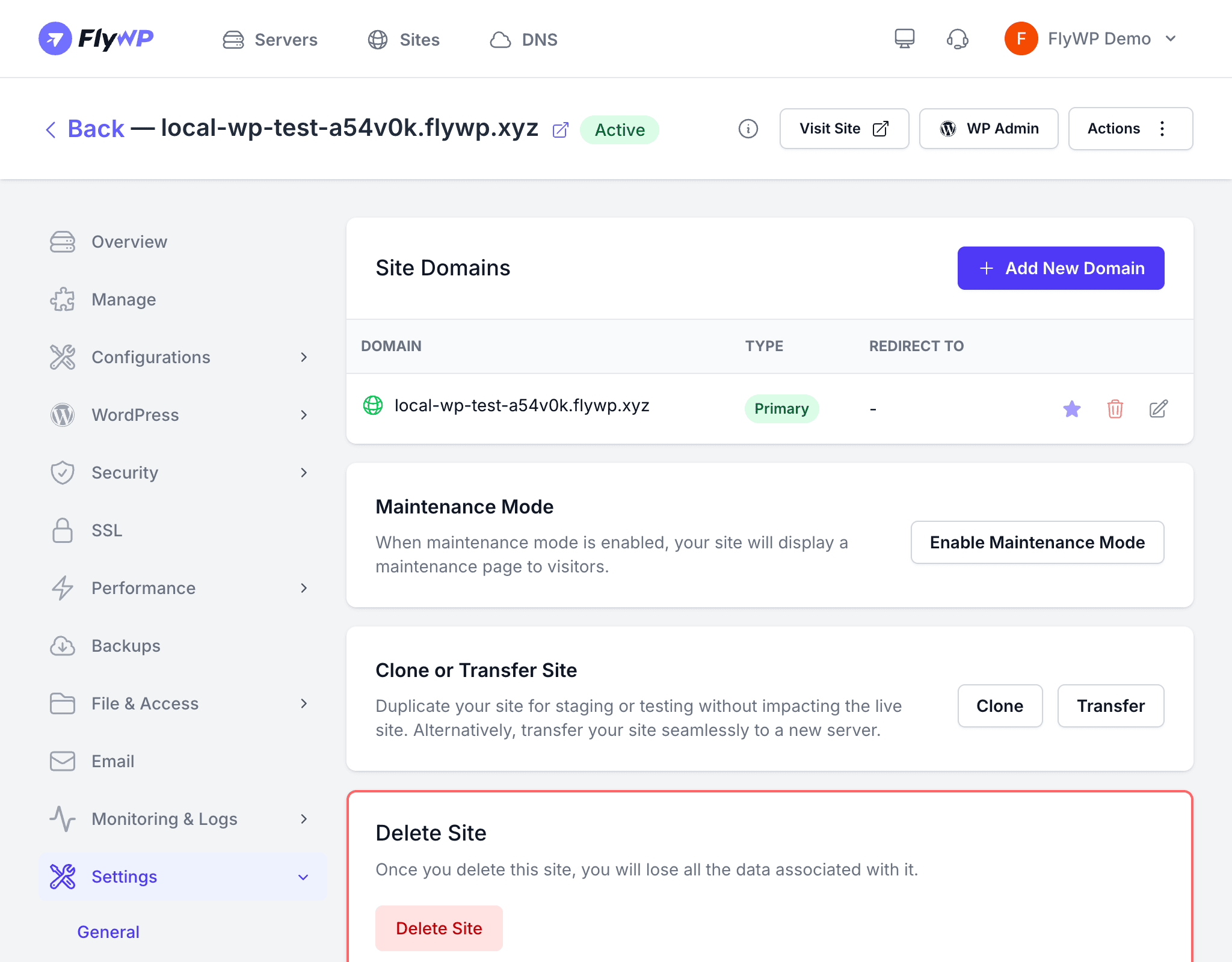 Site settings page