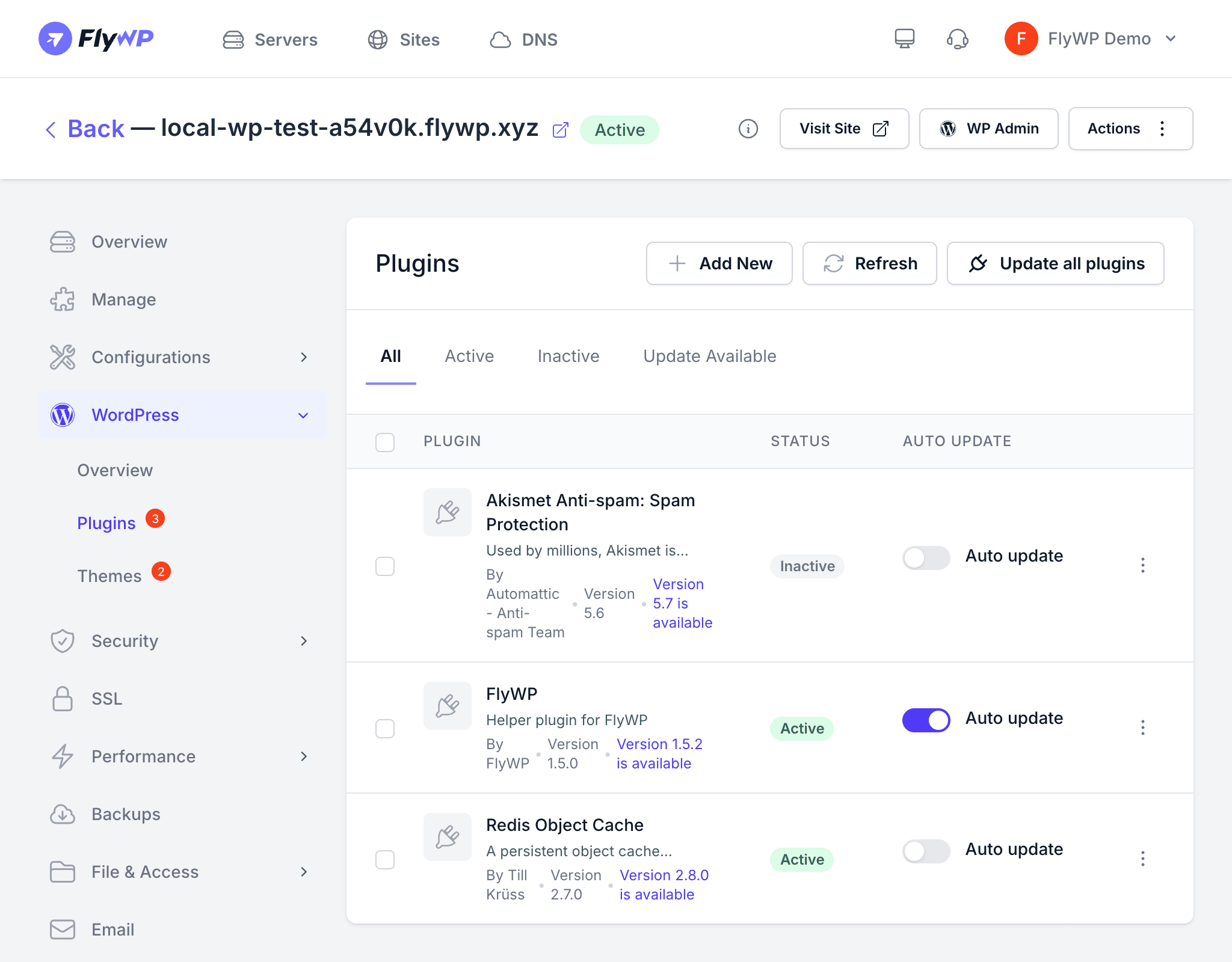 WordPress management page
