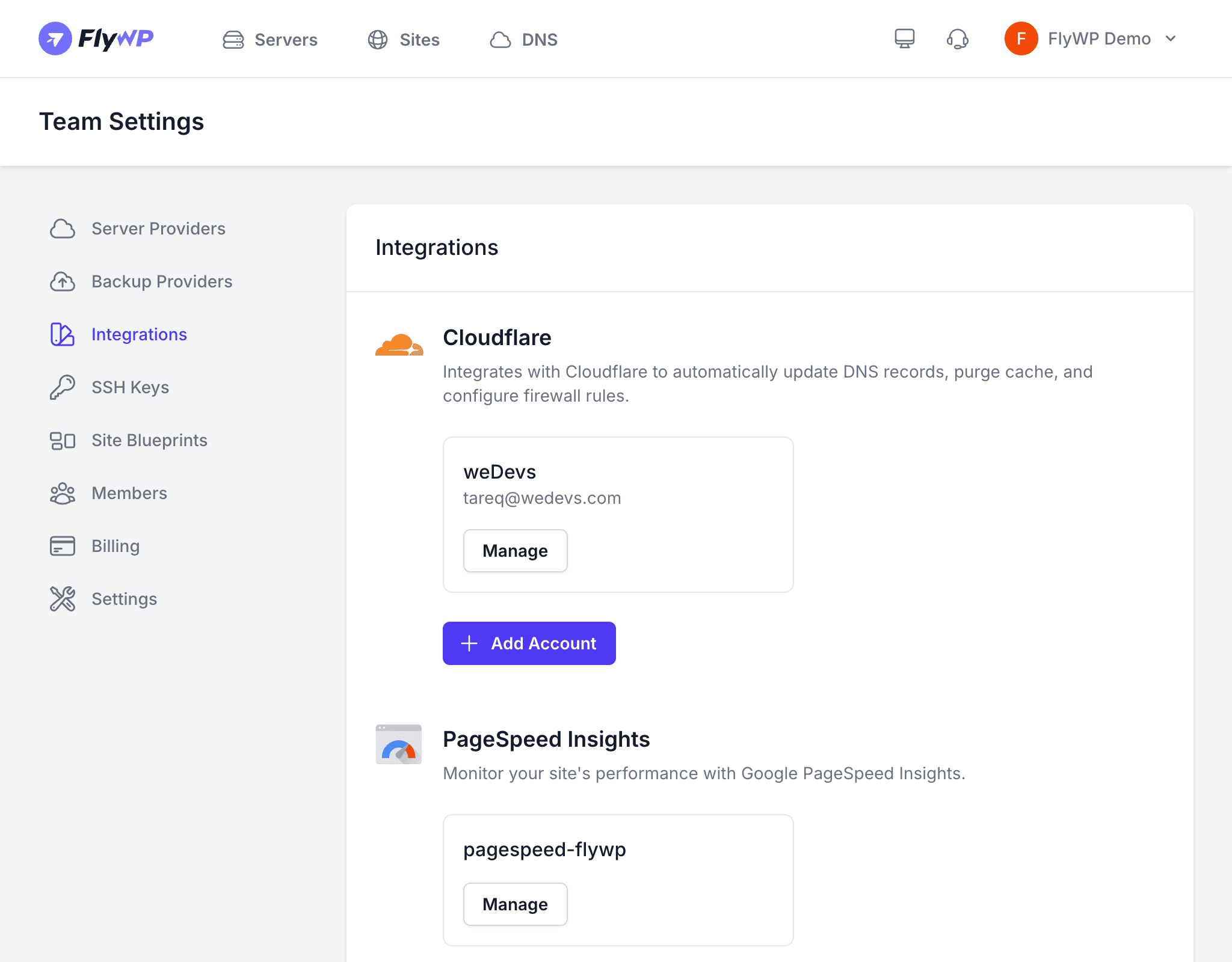 Team integrations page