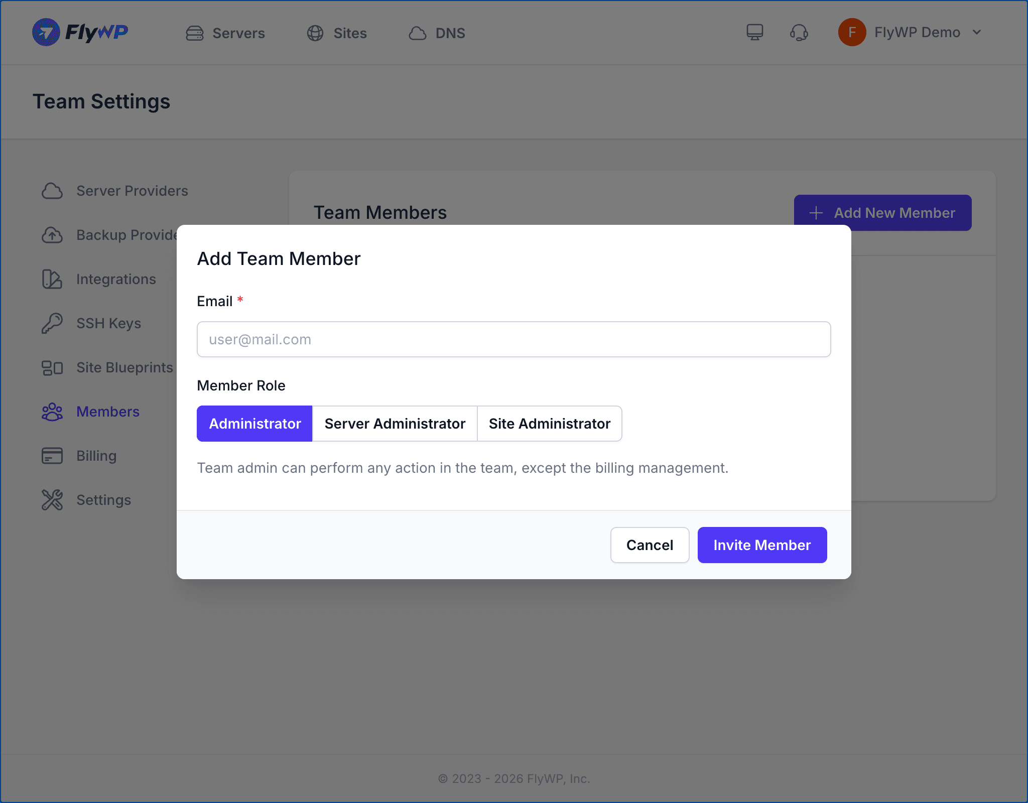 Add New Member modal showing email and role selection