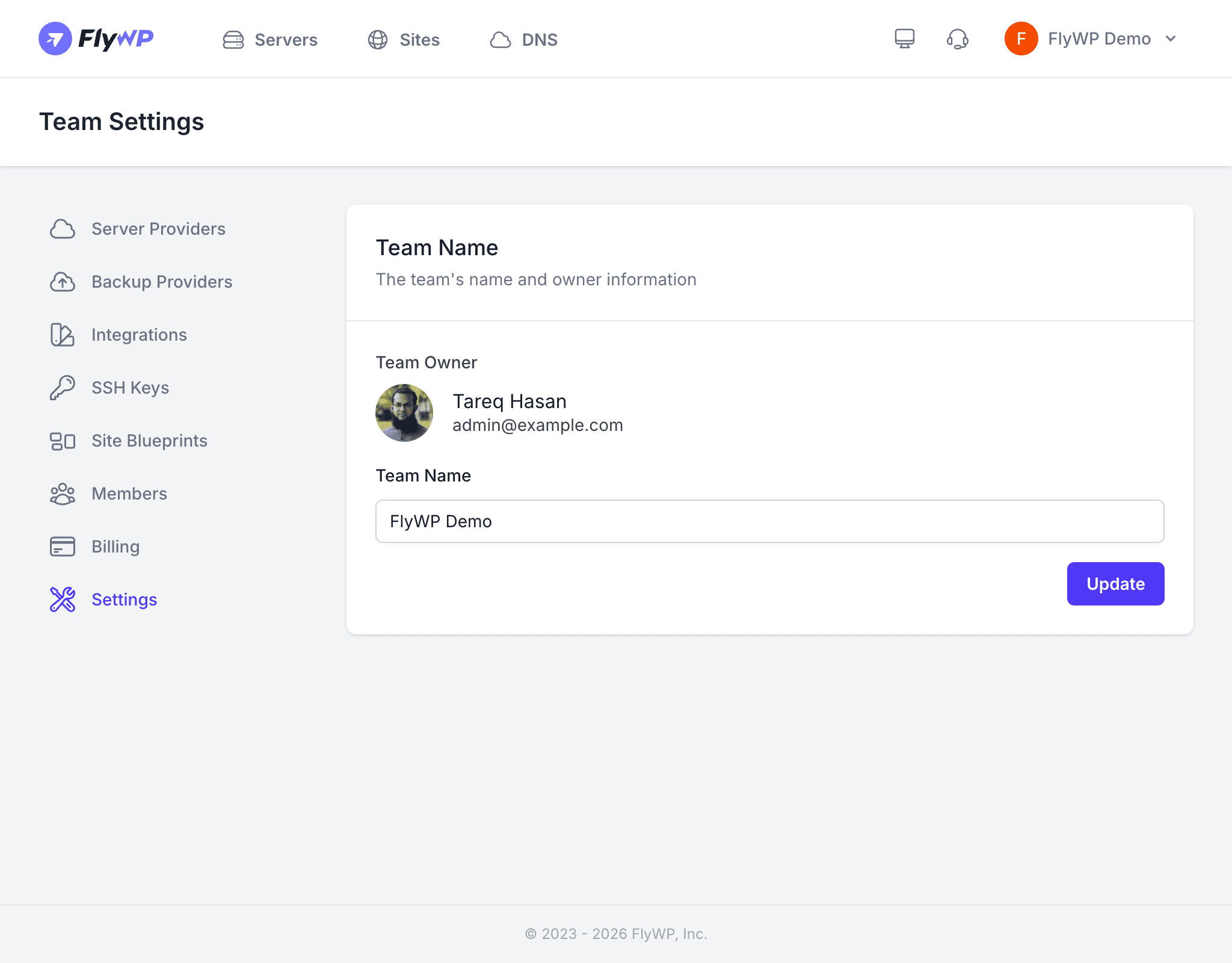 Team settings page